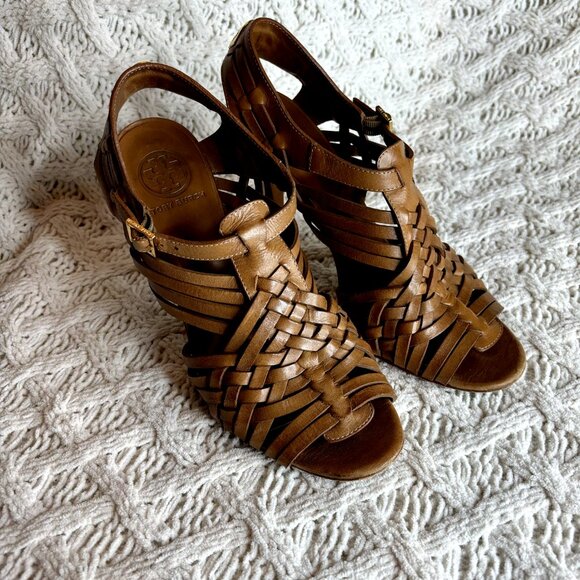 Tory Burch Nadia Huarache Sandals Women's Size 9 M Tan Leather Open Toe Heels‎ - Picture 1 of 11